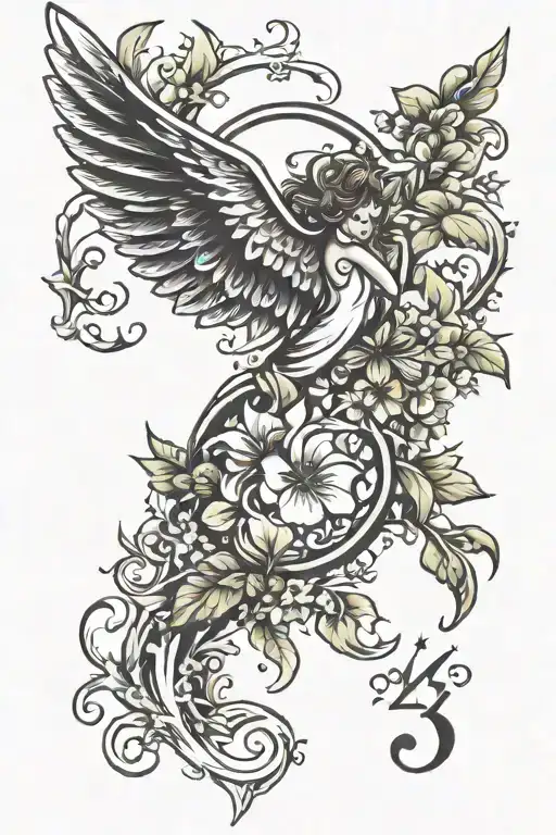 Angel numbers 444 with the jamaican national flowers all around the numbers. Add butterflies around some of the flowers tattoo design idea