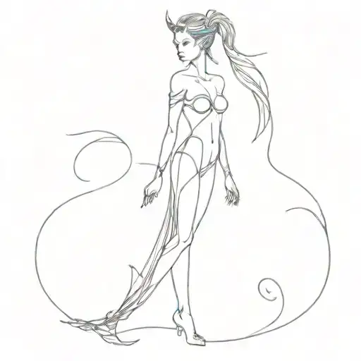 full body siren in dark fantasy style, long whispy fish tail, accenting mesh between fingers and forearms, elf ears tattoo design idea