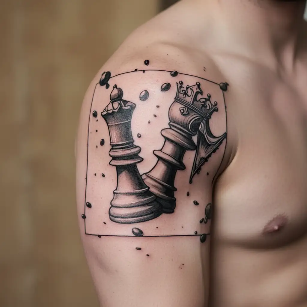 king and queen chess pieces falling tattoo design idea