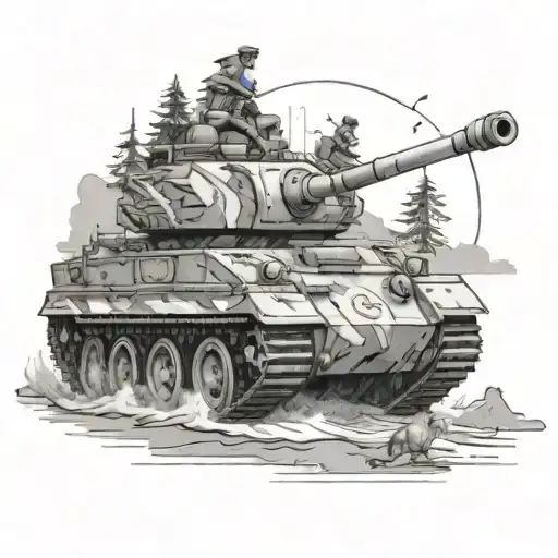 Anime-style army tank cruising along a beach with wolves running alongside tattoo design idea