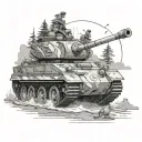 Anime-style army tank cruising along a beach with wolves running alongside tattoo design idea