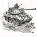 Anime-style army tank cruising along a beach with wolves running alongside tattoo design idea