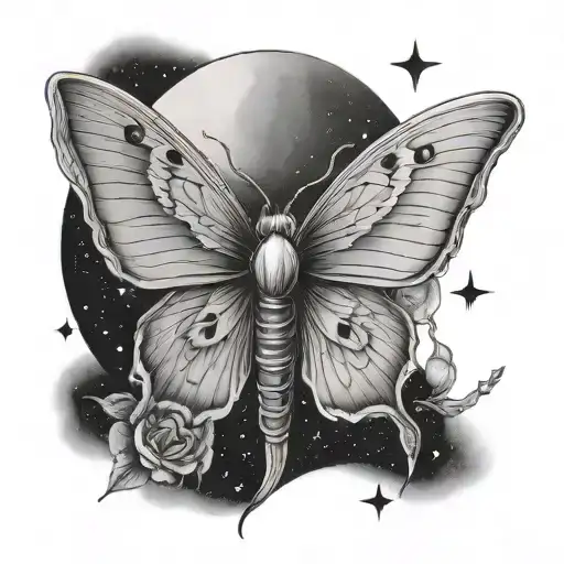 luna moth with sword and moon surrounded by stars tattoo design idea