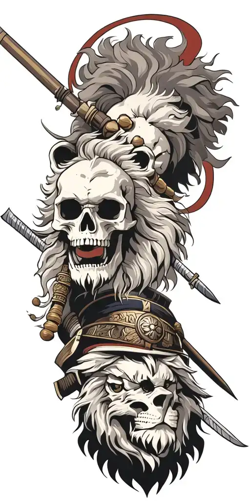 Skull Lion And Samurai warrior tattoo design idea