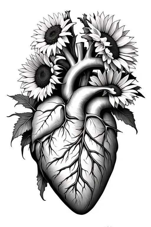 anatomically correct heart with sunflowers growing out of it  tattoo design idea