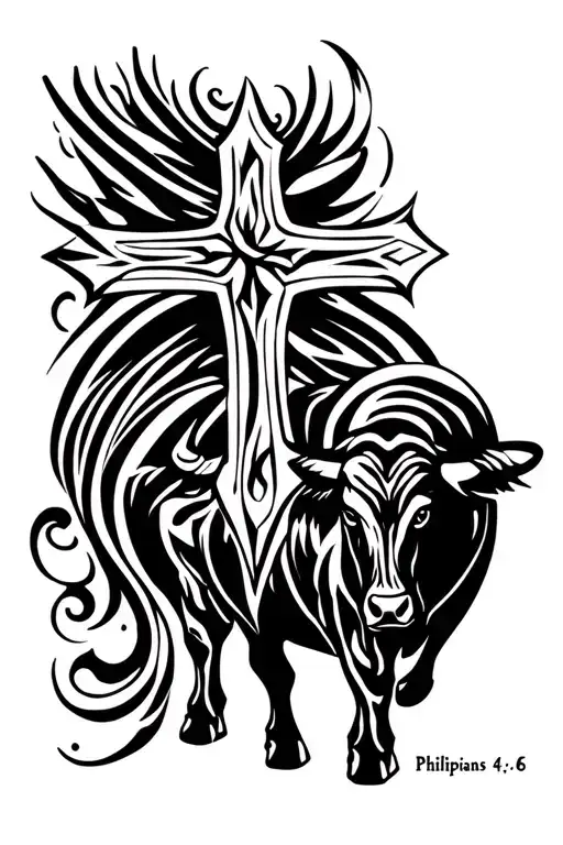 A simple tatoo with the cross a bull and Philippians 4:6 through 7 tattoo design idea