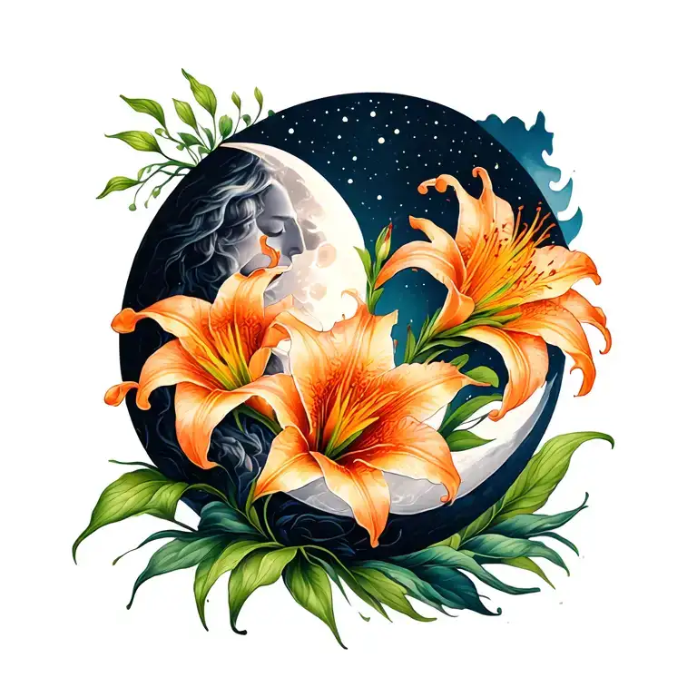 bohemian crescent moon and orange daylily  tattoo design idea
