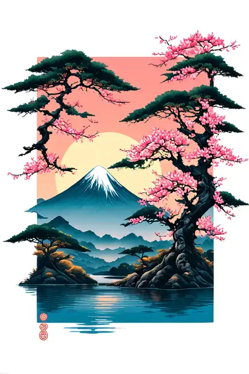 Japanese Style Mountain cherry blossom trees sunset tattoo design idea