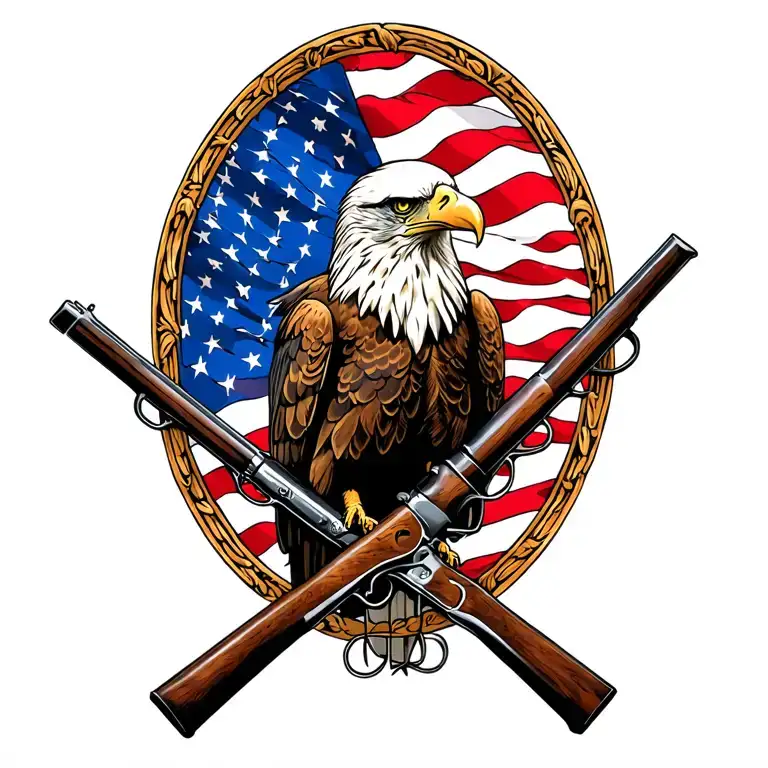 Bald Eagle perched on 2 old muskets crossed like an X with an American flag waving in the background. tattoo design idea