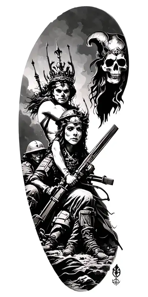 Coverup infantry queen of battle tattoo featuring soldiers fighting and a dead queen  tattoo design idea