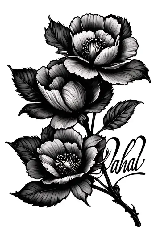 sampaguita flower with stem and words "Mahal" tattoo design idea