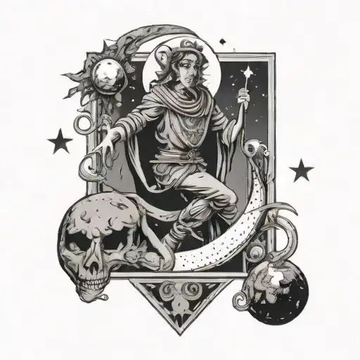 the fool and the moon tarot card combined into one design, with the fool hanging from the moon and smiling wickedly  tattoo design idea