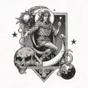 the fool and the moon tarot card combined into one design, with the fool hanging from the moon and smiling wickedly  tattoo design idea