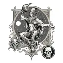 the fool and the moon tarot card combined into one design, with the fool hanging from the moon and smiling wickedly  tattoo design idea