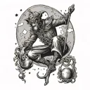 the fool and the moon tarot card combined into one design, with the fool hanging from the moon and smiling wickedly  tattoo design idea