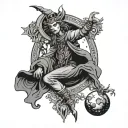 the fool and the moon tarot card combined into one design, with the fool hanging from the moon and smiling wickedly  tattoo design idea