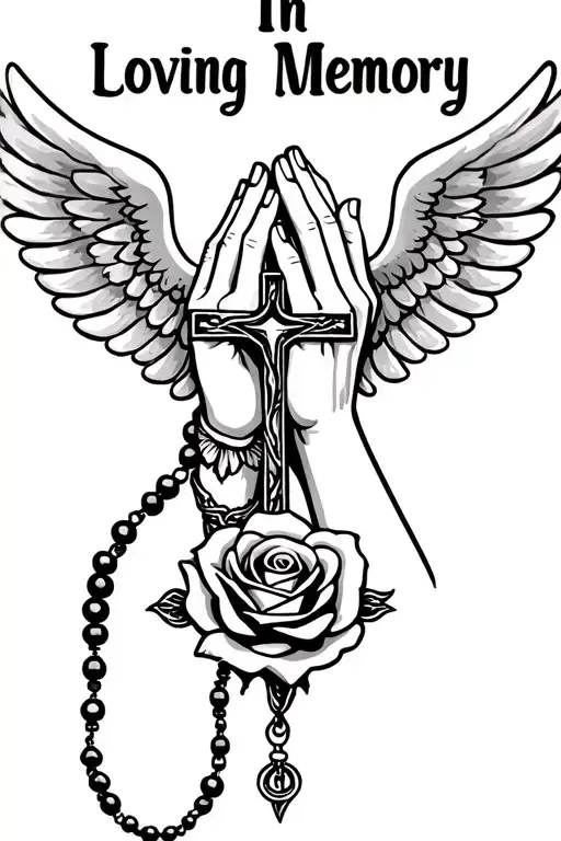 "In Loving Memory" Praying Hands, Rosary beads intertwined with cross, Wings, Realism, Rose tattoo design idea