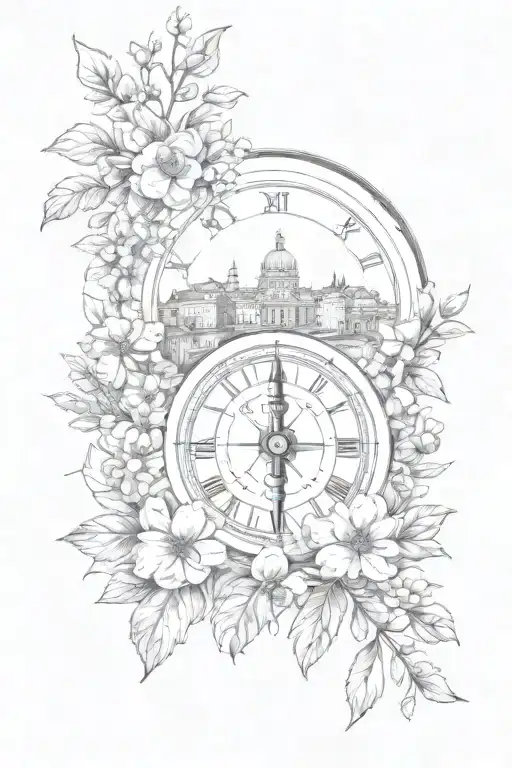 Tattoo Featuring Roman Buildings, And navigation Compass Surrounded By Flowers And olive branches tattoo design idea