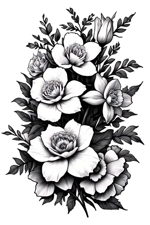 leg sleeve. flowers and vines of paperwhite narcissus, carnations, marigolds, and roses tattoo design idea
