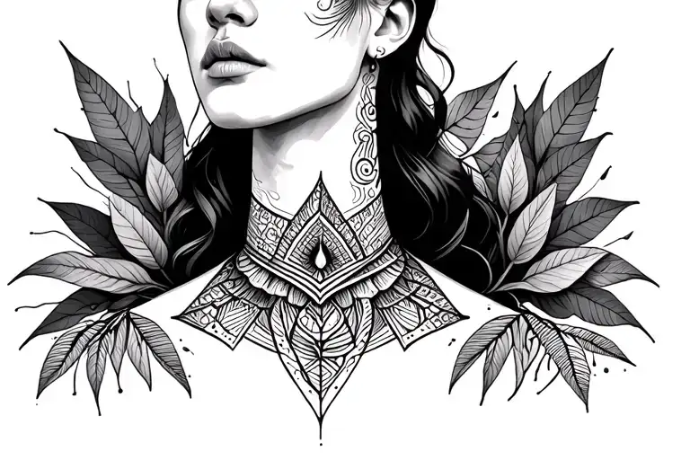 throat and neck tattoo symbolising transformation, using nature and geometric shapes and patterns. tattoo design idea