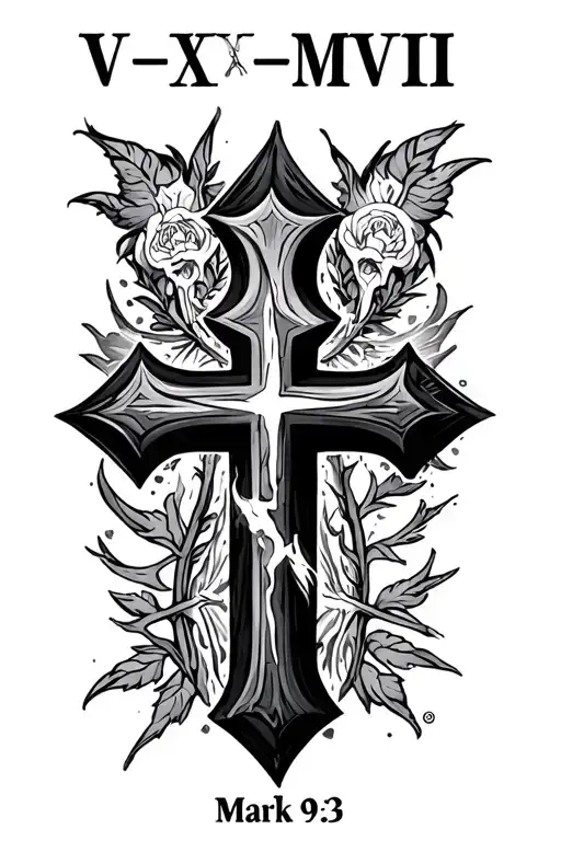 "V•IX•MMVIII Mark 9:23 " three crosses horizontally tattoo design idea