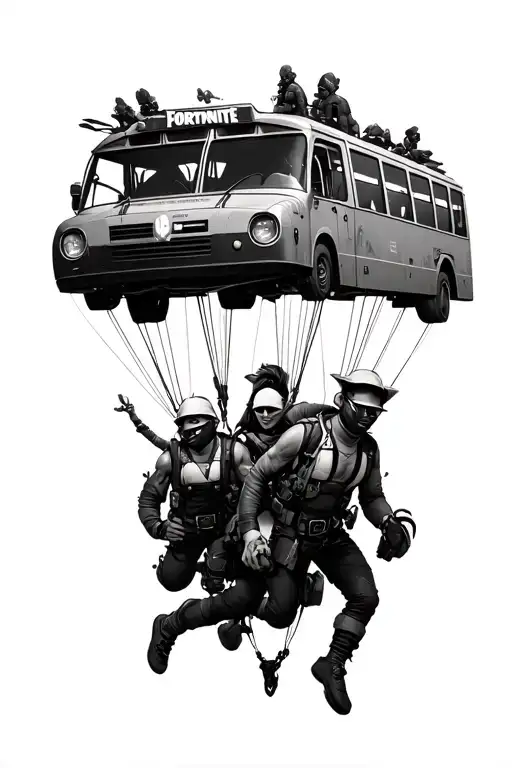 flying fortnite battle bus with characters skydiving  tattoo design idea