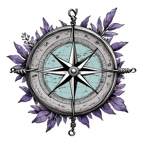 lily lavender compass map with long chain  tattoo design idea