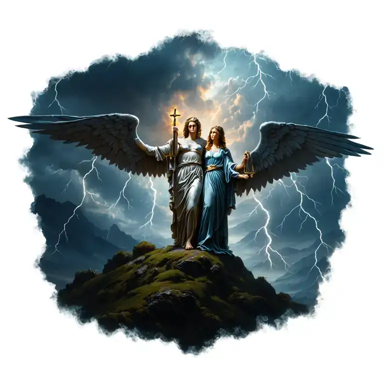 St. Michael and Justitia roman goddess emerging on a Hill in a Thunderstorm tattoo design idea