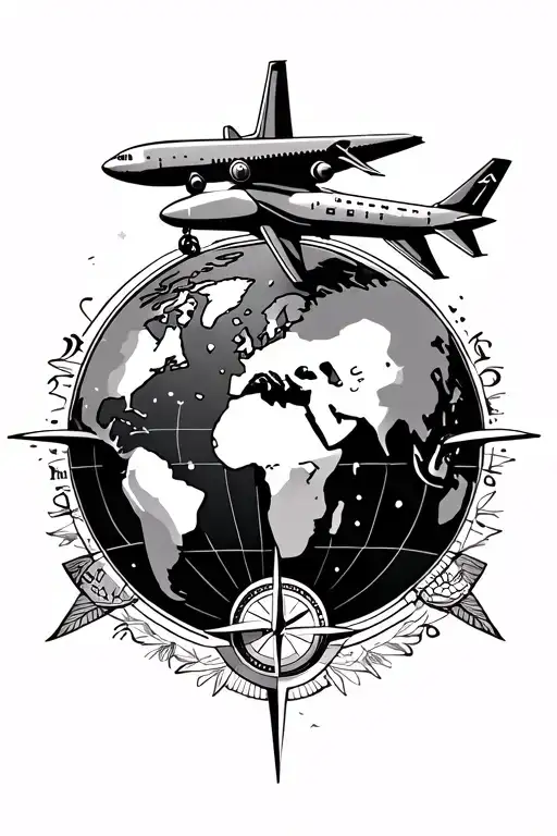 World traveler with globe, compass and airplane tattoo design idea
