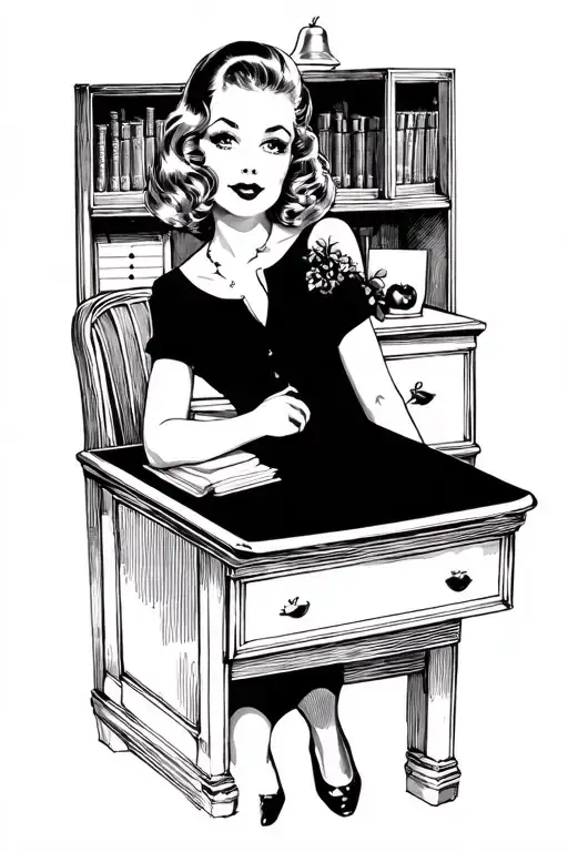 Combine a pinup girl with a classic teacher's desk, complete with an apple and school bell, in blackwork style tattoo design idea