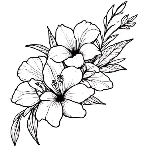 black thin tattoo with a bouquet of tulips, hibiscus, cattleya orchids, and verdecora orchids  tattoo design idea