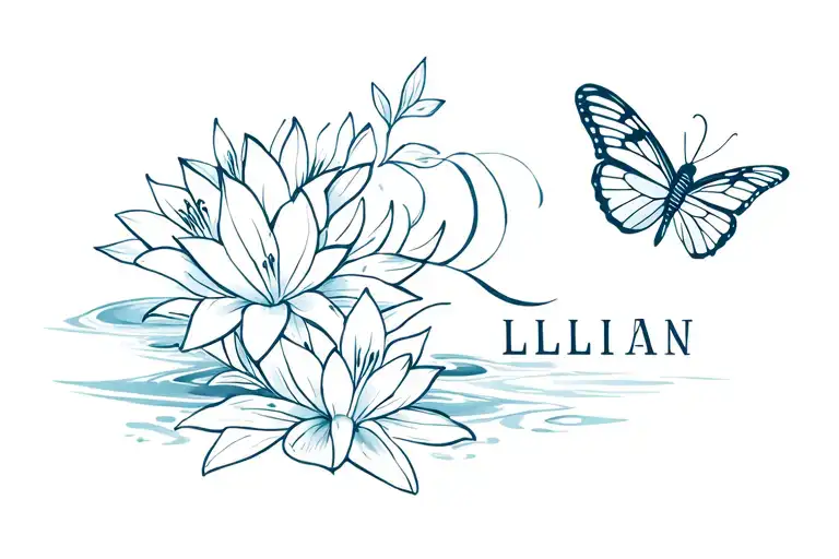 name Lillian with water lilys & butterflys tattoo design idea