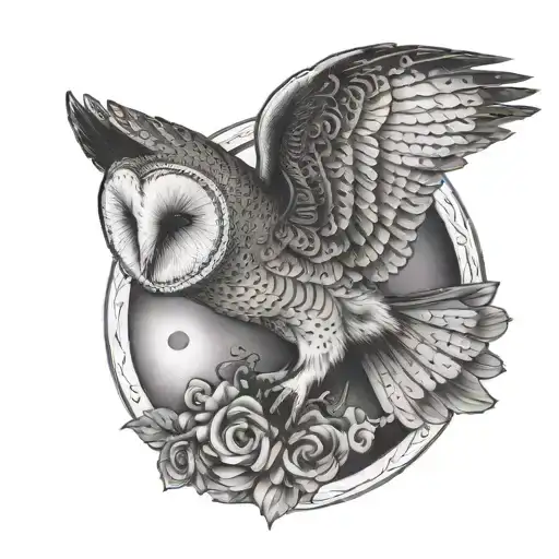 A black and white symmetrical tattoo of a barn owl (Tyto alba) in mid-flight.  tattoo design idea