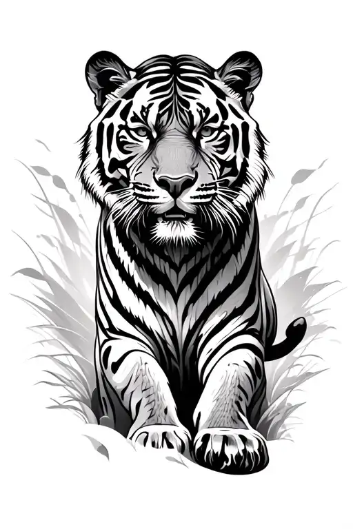 A highly detailed composition with simple, yet bold line work, featuring a tiger rendered with dramatic contrast and  tattoo design idea