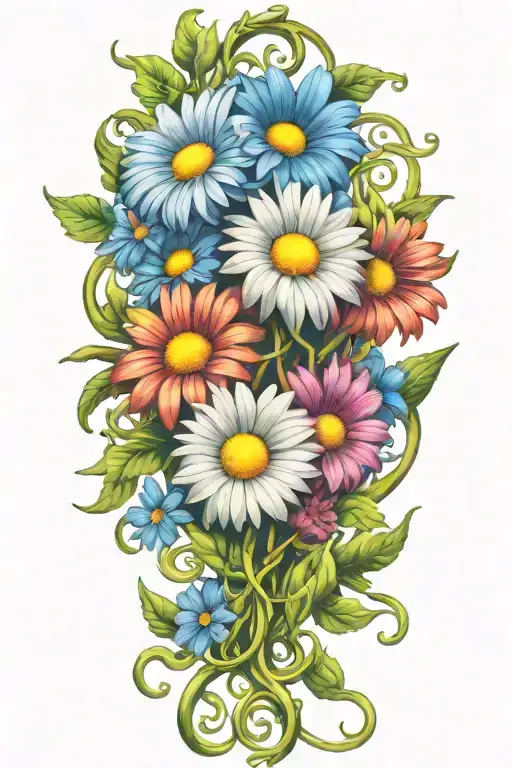 Colorful daisies  intertwined around a vine tattoo design idea