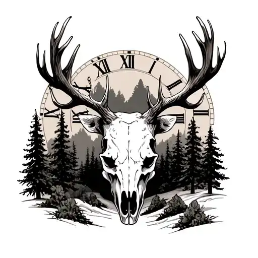 elk skull, hunting scene, pine trees, roman numerals, clock tattoo design idea