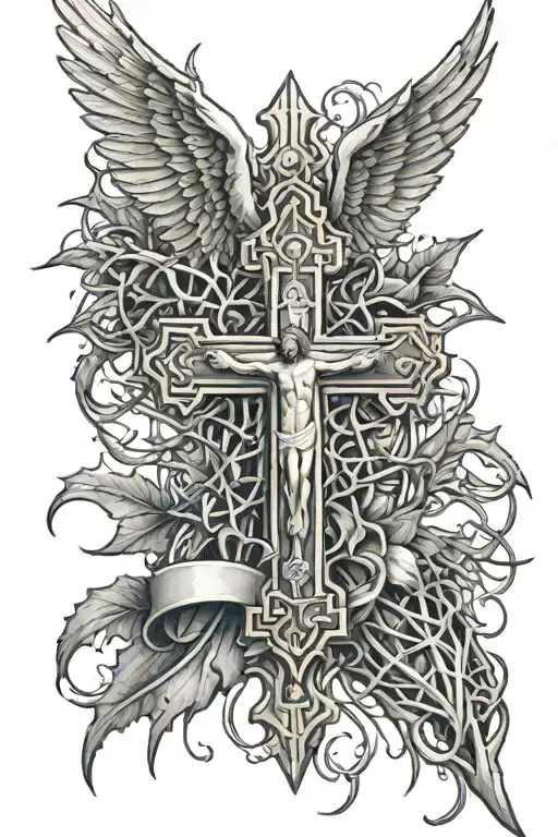 jesus saves cross surrounded thorns wrapping wings tattoo design idea
