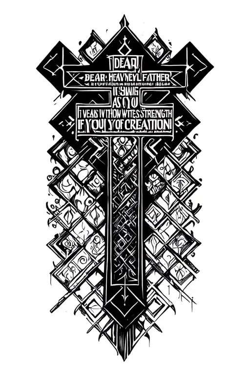 A gothic cross with a bible verse dear heavenly father bear witness as I show you the strength of your creation tattoo design idea