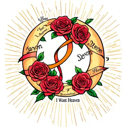 Infinity ribbon, thick ribbon wrapped around four roses with the names, Jason and Devon and then I want heaven moon rays tattoo design idea