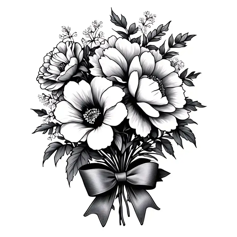 Fine line tattoo for Lilacsunflower Rose Chinese Hibiscus Peonies bouquet with bow at the bottom of stems black and gray tattoo design idea