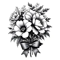 Fine line tattoo for Lilacsunflower Rose Chinese Hibiscus Peonies bouquet with bow at the bottom of stems black and gray tattoo design idea