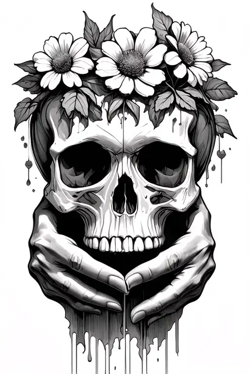 Black and gray sketch of a skull with flowers growing out of it and hands choking at the neck. tattoo design idea