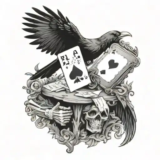 a crow perched on the shoulder of a card playing skeleton howing aces and eights tattoo design idea