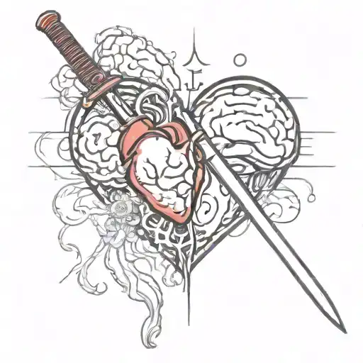 heart and brain cut in half with blood with a katana tattoo design idea