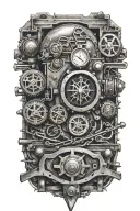 train tracks and a small compass with skulls and engine camshafts harley davidson style tattoo design idea
