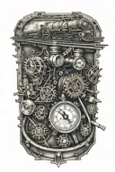 train tracks and a small compass with skulls and engine camshafts harley davidson style tattoo design idea