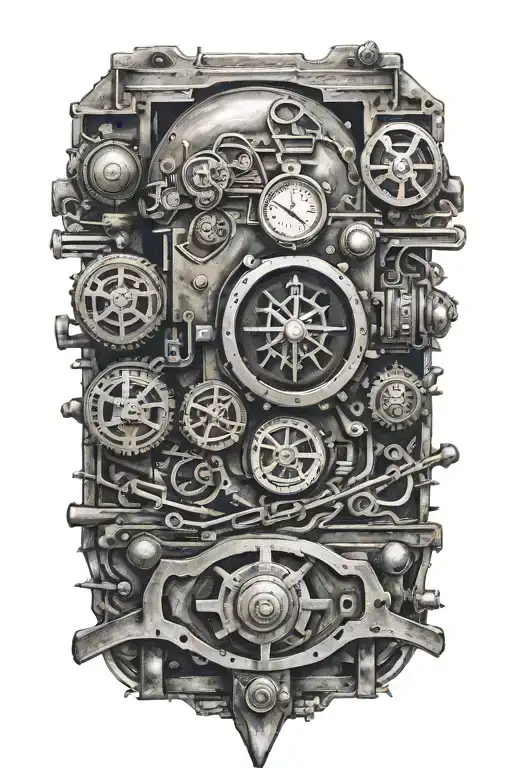 train tracks and a small compass with skulls and engine camshafts harley davidson style tattoo design idea