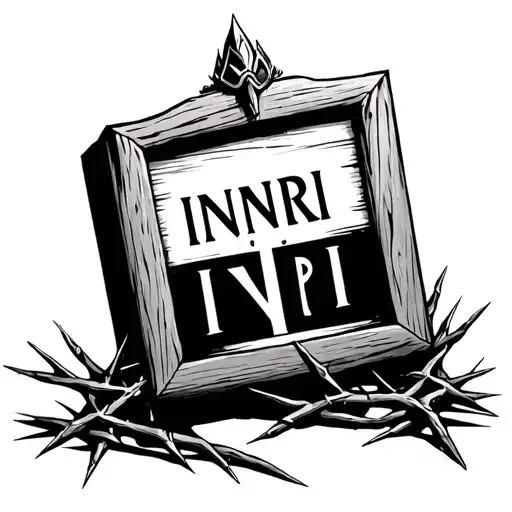 Black and white wooden sign with INRI written on it propped over two Roman nails and a crown of thorns hung on the side  tattoo design idea