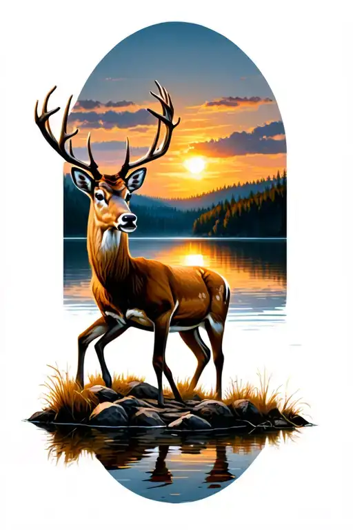white tail deer eating by lake with sun setting tattoo design idea