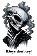 an alien who smokes a cigarette and the smoke forms the phrase (boys dont cry) tattoo design idea